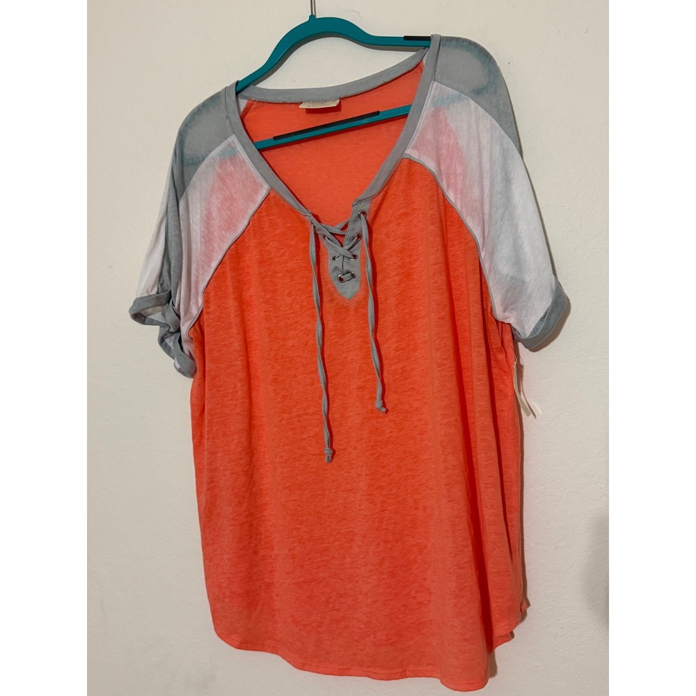 Bobbie Brooks Plus Size 3X Lace Up V-Neck Raglan Top Orange Grey Colorblock